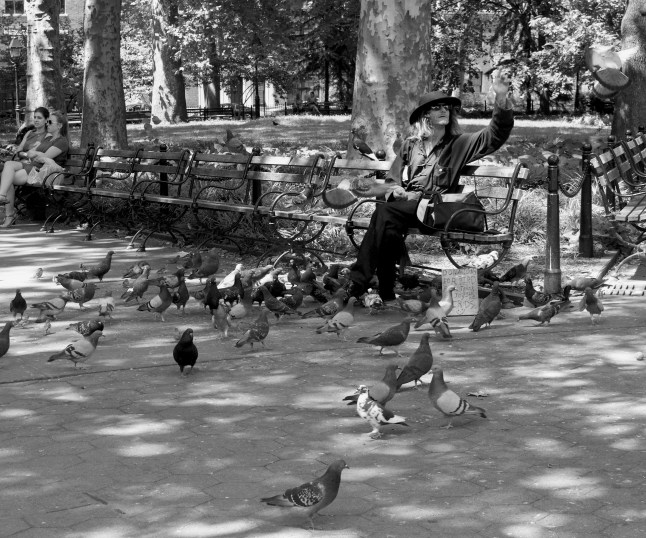 A pigeon-feeder, reminiscent of the old lady in Home Alone. When I look at this picture, Mary Poppins sings in my head: "Feed the birds, tuppence a bag..."
